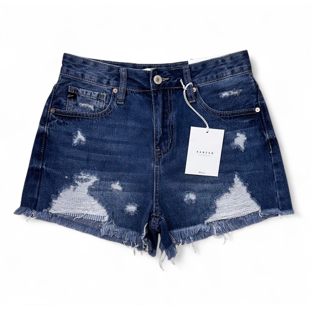 NEW KanCan Blue Denim Distressed High‎ Rise Shorts Raw Hem Women's 1 24